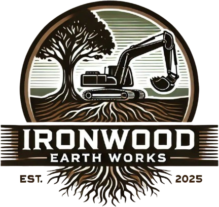 Ironwood Earth Works logo with tree and excavator over exposed roots, in brown and cream.