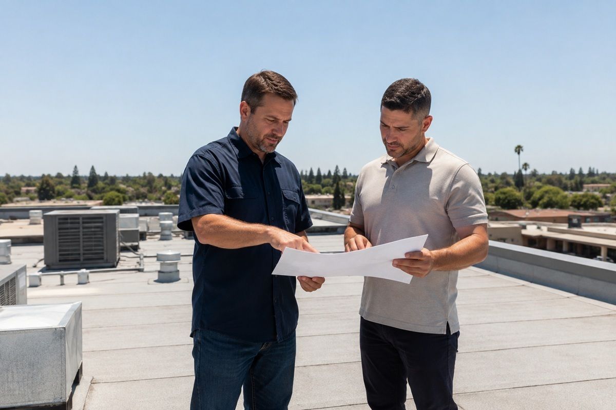 Roofing professional evaluating commercial roof cost factors in Los Banos