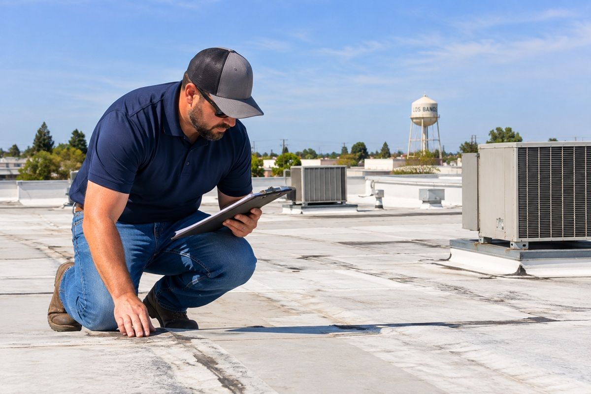 Roofing professional evaluating a commercial roof in Los Banos, California