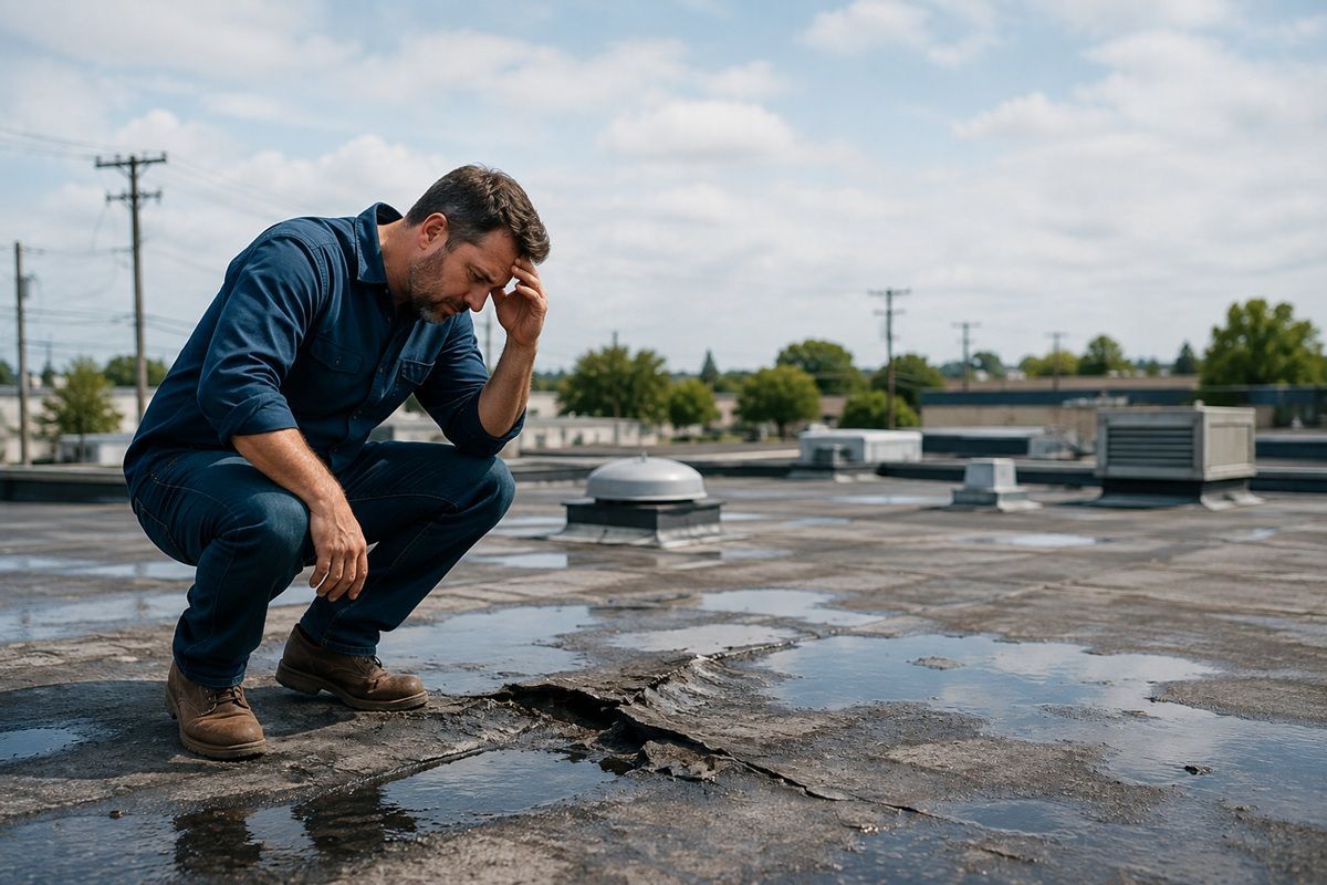 Damaged commercial roof membrane showing wear and deterioration in Los Banos, CA