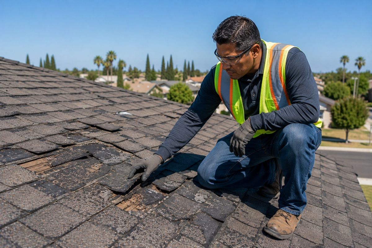 Damaged asphalt shingles showing signs that a roof replacement may be needed in Los Banos