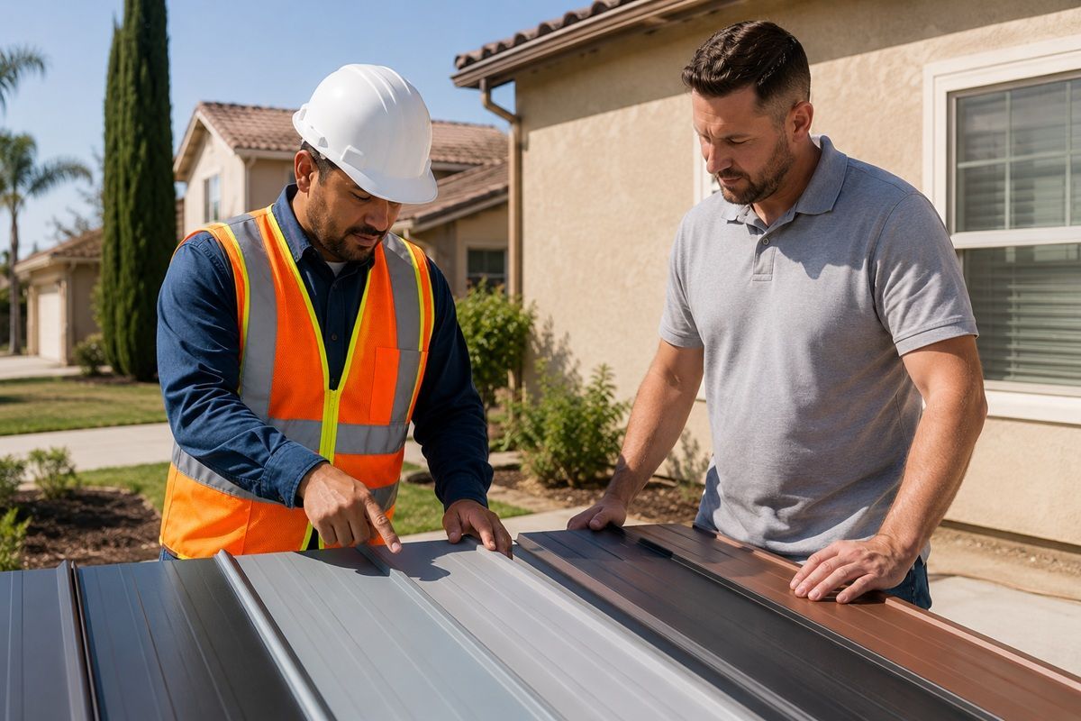 Metal roofing panels displayed for material selection at a property in Los Banos