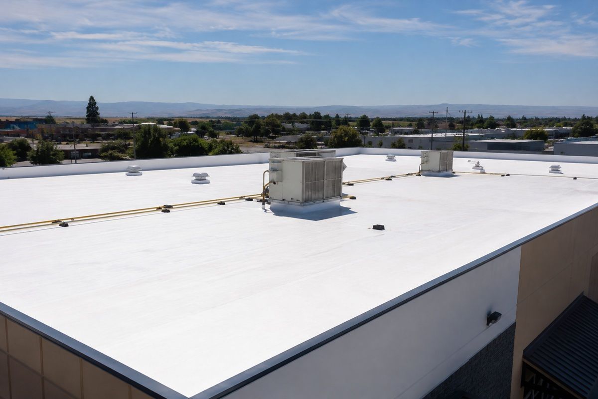 Completed commercial roofing project on a business property in Los Banos
