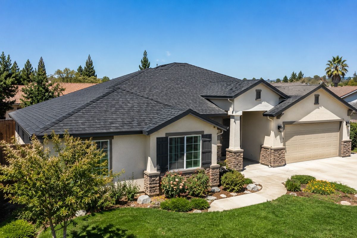 Recently completed roof replacement project at a home in Los Banos, California
