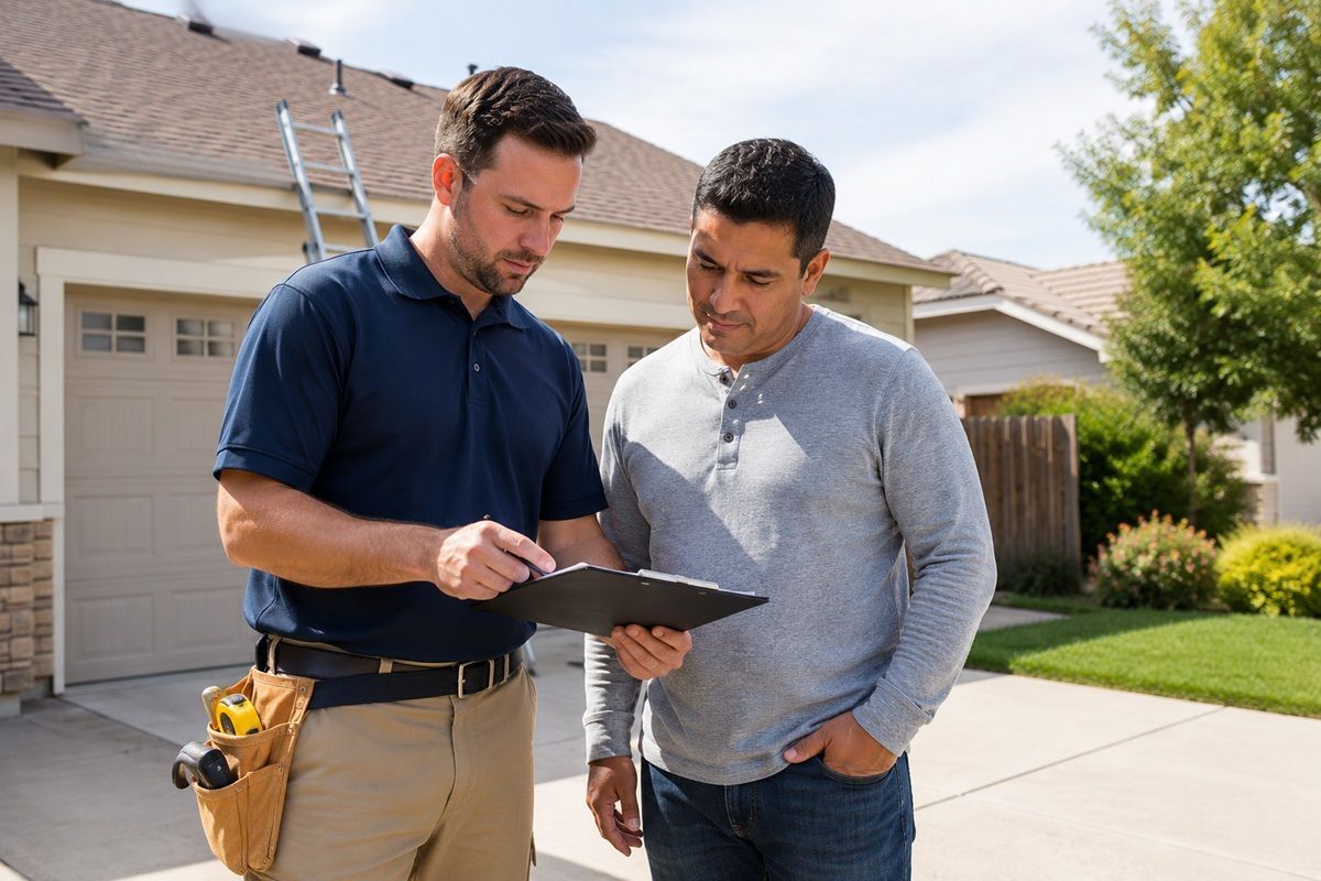 Homeowner meeting with a roofing contractor for a roof replacement estimate in Los Banos