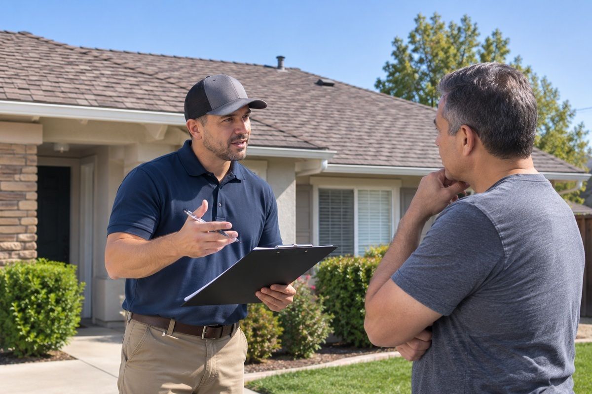 Roofing professionals reviewing project plans before installation in Los Banos