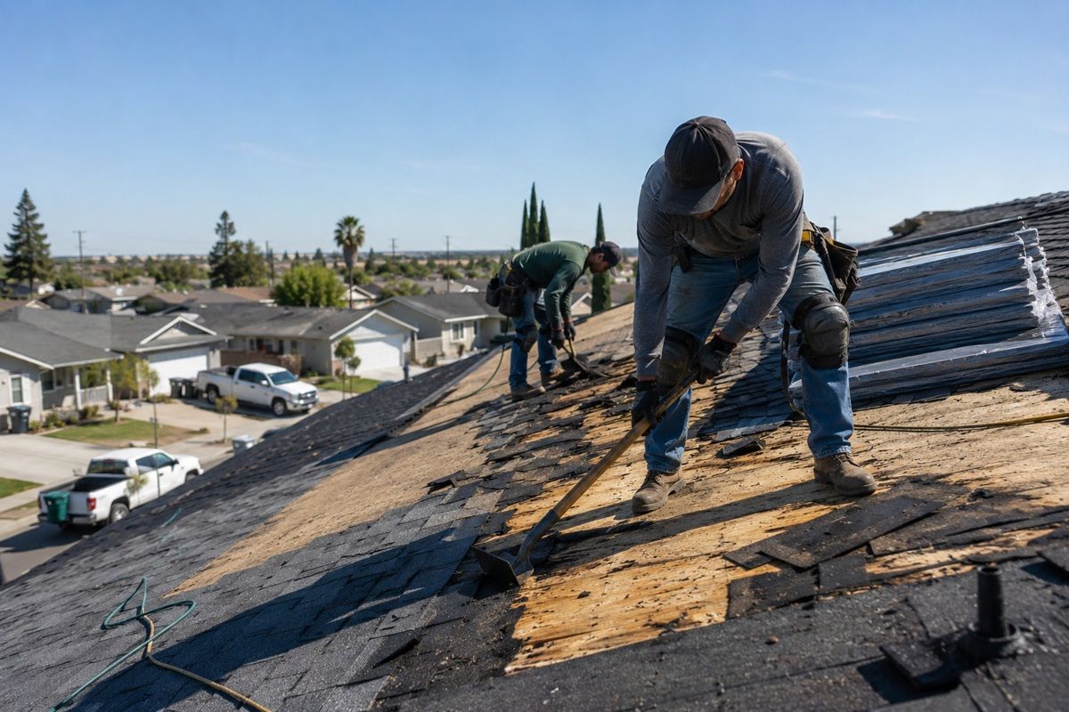 Roofing professionals using safety equipment during a roof replacement project