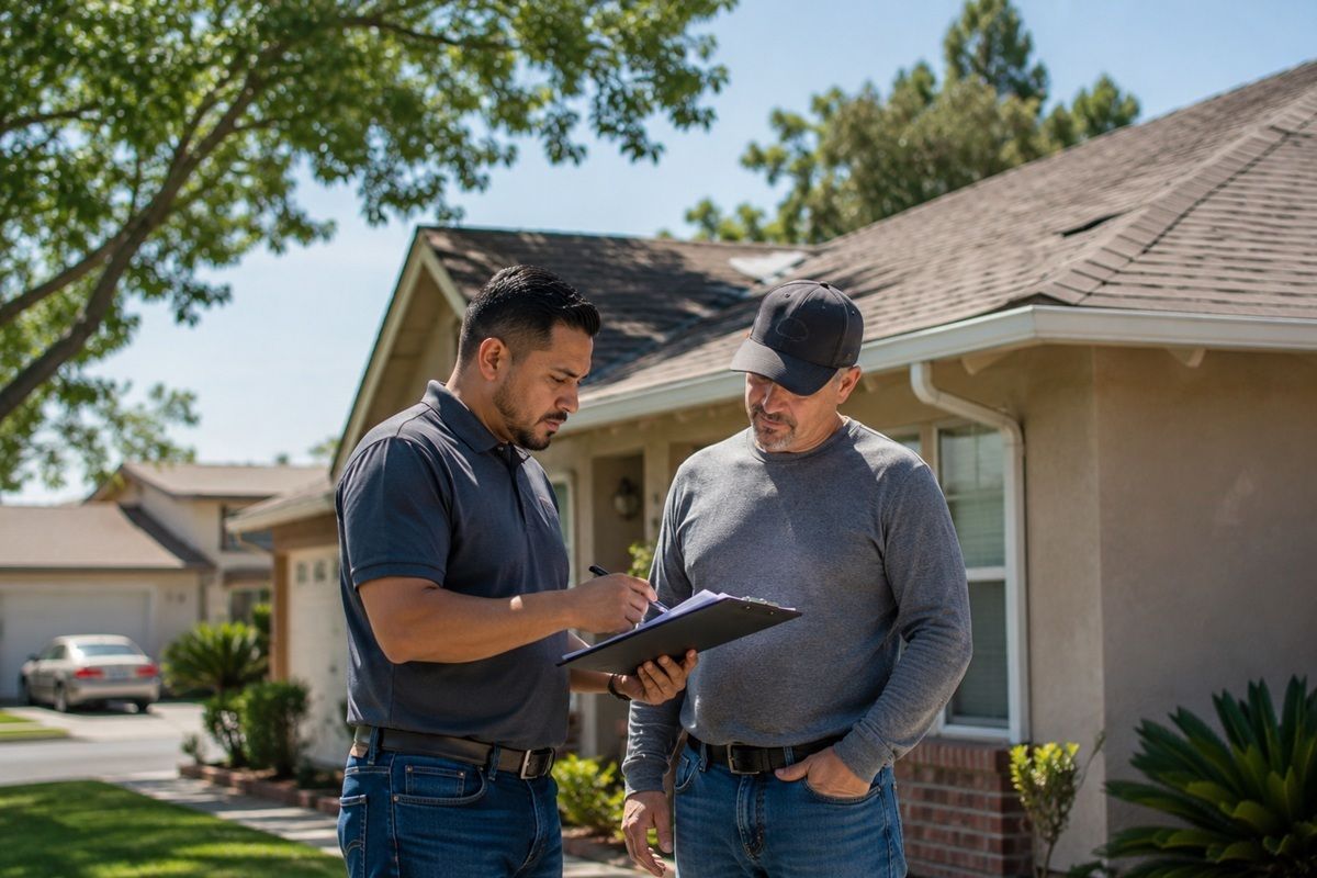 Roofing contractor reviewing project plans with a property owner in Los Banos