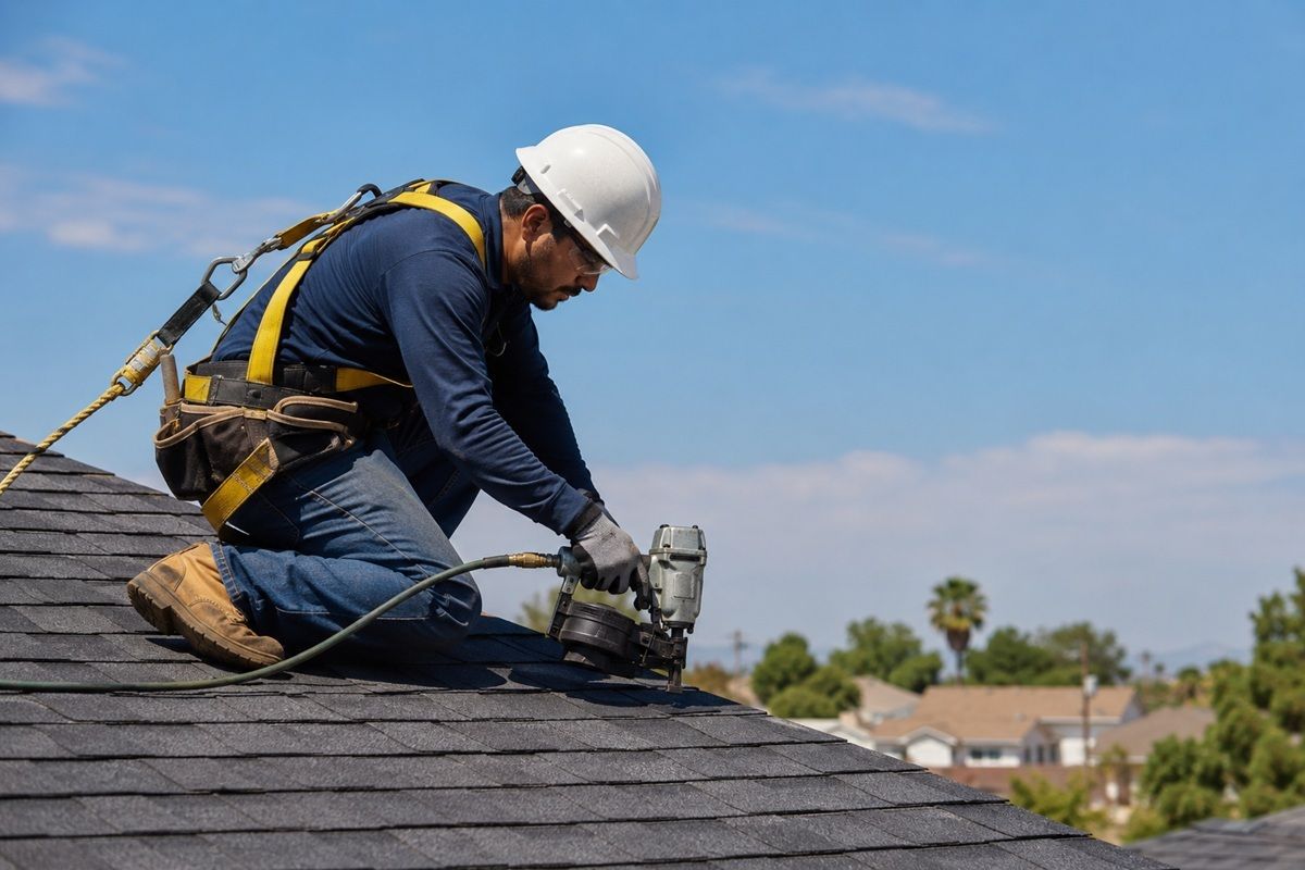 Roofing technicians wearing safety harnesses before starting work in Los Banos, CA