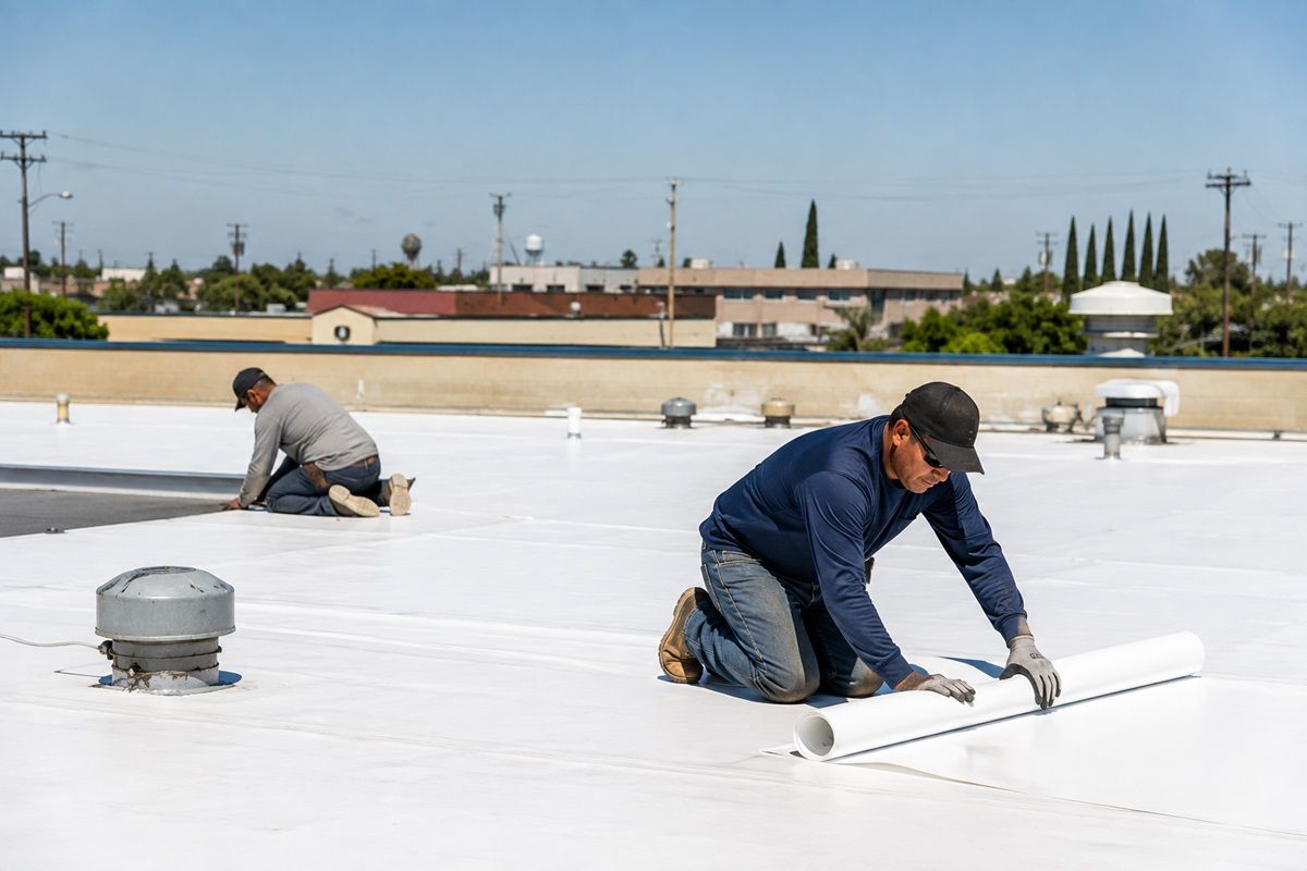 TPO commercial roofing installation completed on a business property in Los Banos