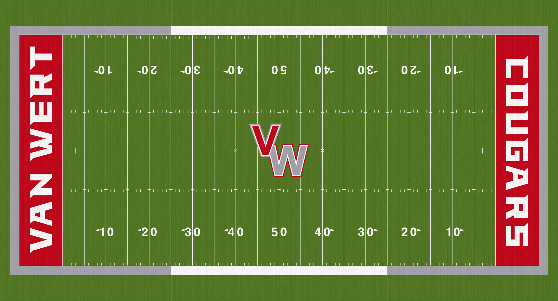 Van Wert Cougars Turf Football Field.Cougar Alumni Field at Eggerss Stadium. Football field: Van Wert Cougars logo at center, red endzones, gray sidelines.
