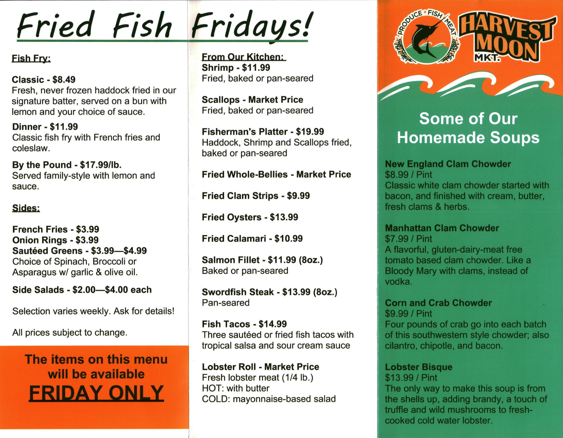 Daily Fish Market Menu Halfmoon, NY Harvest Moon Mkt