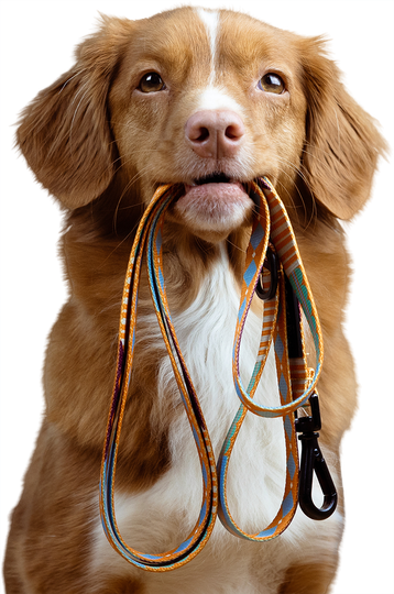 Brown and white dog holding a leashe in its mouth