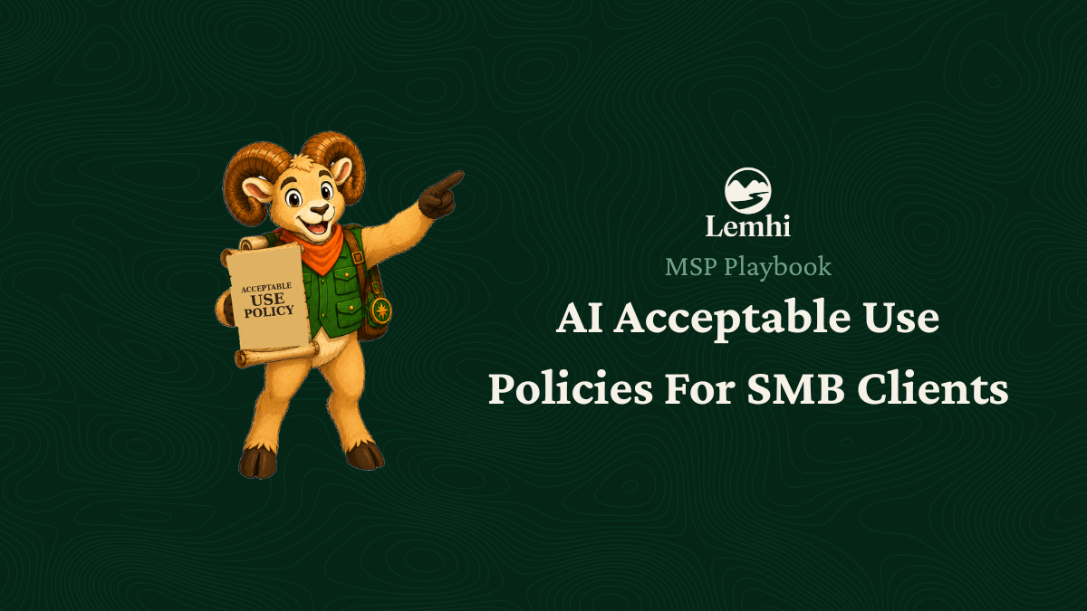 Dark green slide with cartoon lion and text: “AI Acceptable Use Policies For SMB Clients”