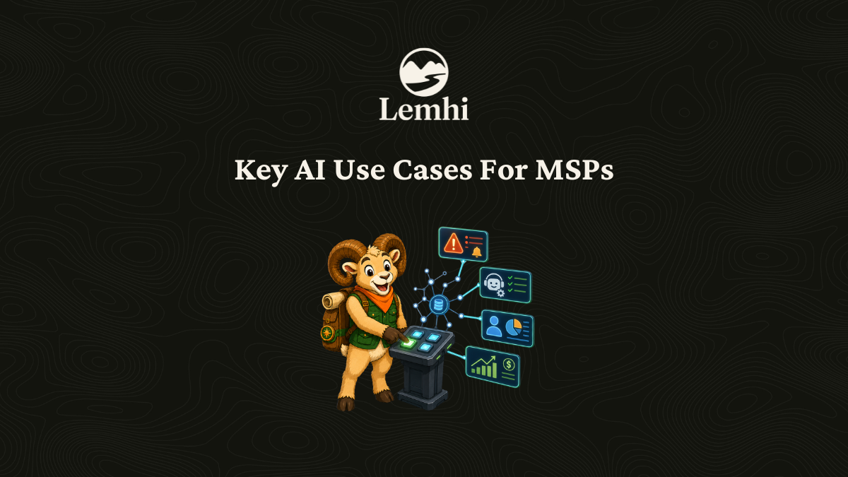 Lenmi slide titled “Key AI Use Cases For MSPs” with a cartoon lion and glowing tech icons on dark background
