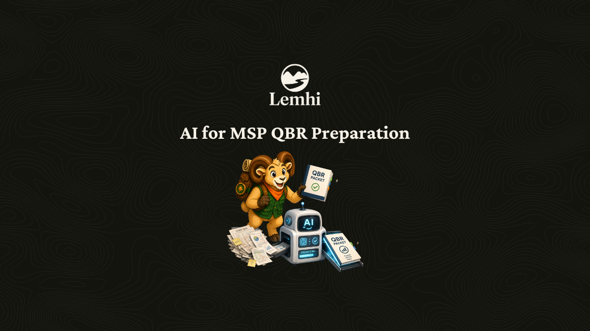 logo above “AI for MSP QBR Preparation” with a person and AI devices on a dark background