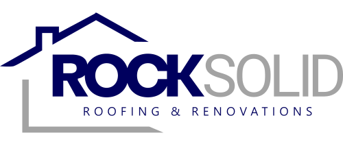 Rock Solid Roofing & Renovations logo in blue and gray with a house roof icon