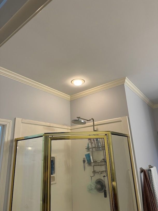 Bathroom shower with gold-framed glass doors, gray walls, and ceiling light.