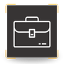 White briefcase icon on a dark gray square with gold corner accents.
