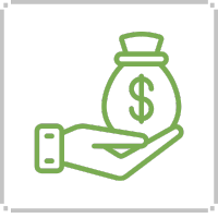 Green outline of a hand holding a money bag with a dollar sign.