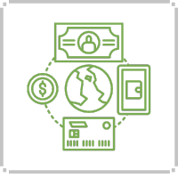 Green icons of cash, coin, wallet, credit card, and globe, connected by a dashed line.