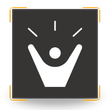 White silhouette of a person with raised arms and rays emanating from head on a black square.