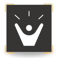 White silhouette of a person with raised arms and rays emanating from head on a black square.