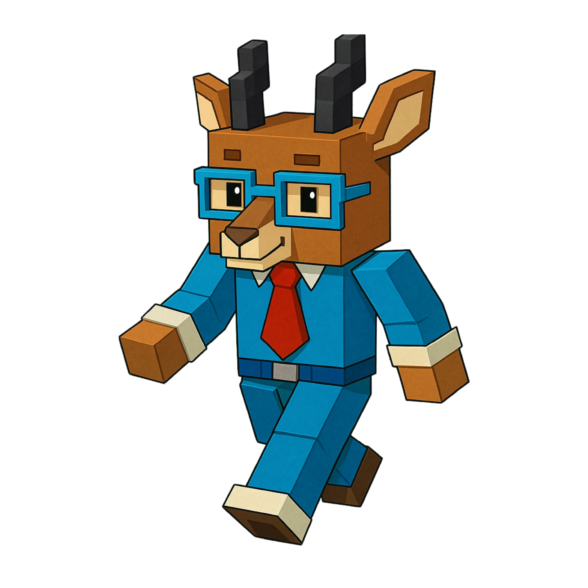 Blocky antelope in a blue suit and glasses, walking.