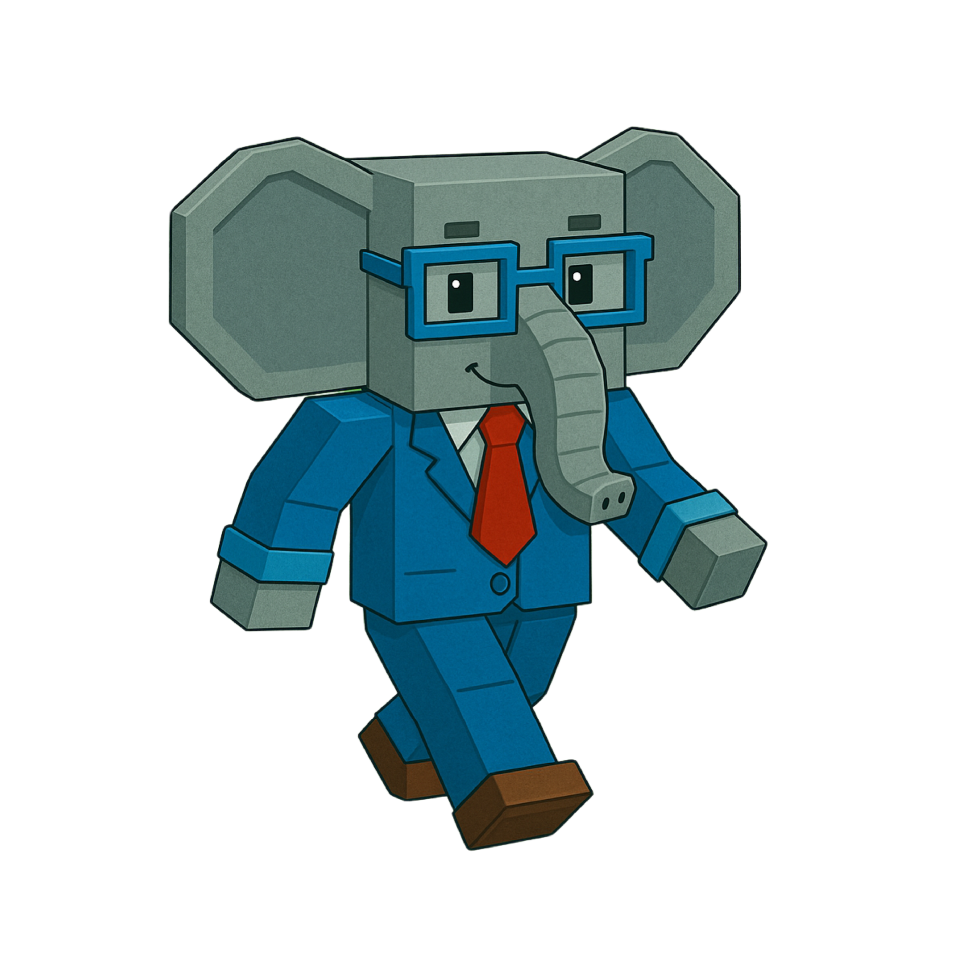 Cube-shaped elephant in a blue suit, red tie, and glasses walking forward.
