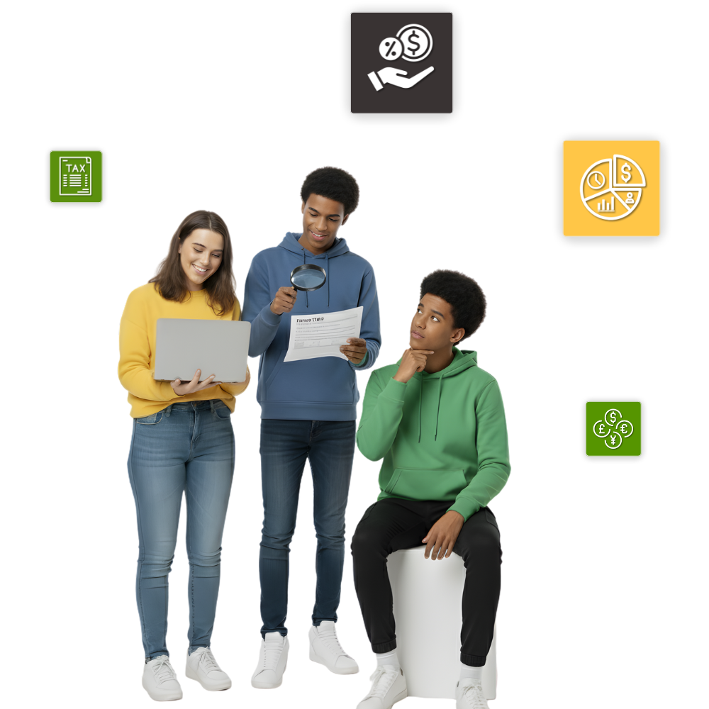 Three people examining paperwork with icons representing finances and tax.