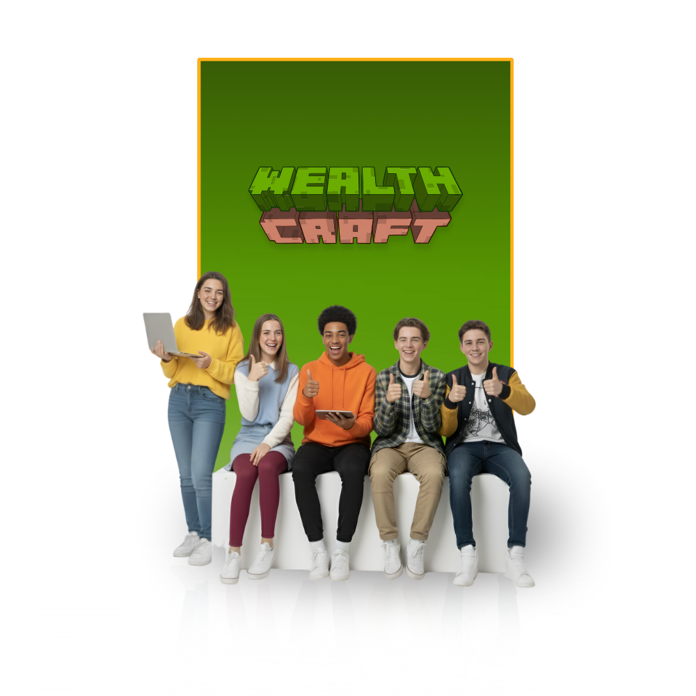 Five people seated on a white block, smiling and giving thumbs up in front of a green background with