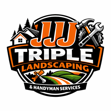 JJJ Triple Landscaping & Handyman Services logo with orange, black, and white tools and trees