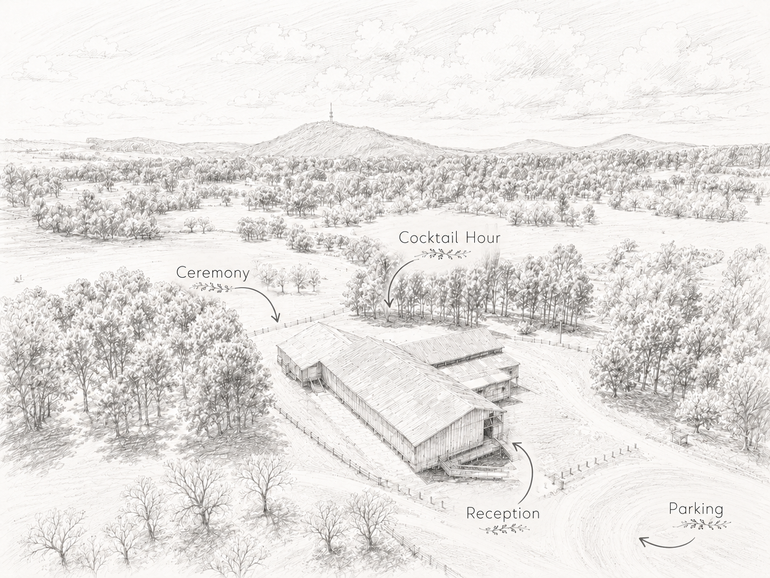 Aerial sketch of The Yarralumla Woolshed amid trees and hills, with labeled paths and parking area