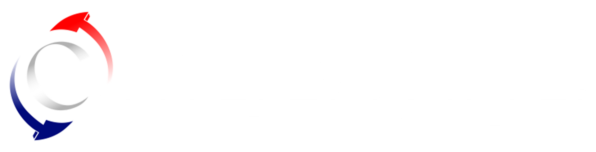 Logo with a swirling arrow design in red, blue, and white.
