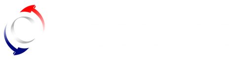 Logo with a swirling arrow design in red, blue, and white.