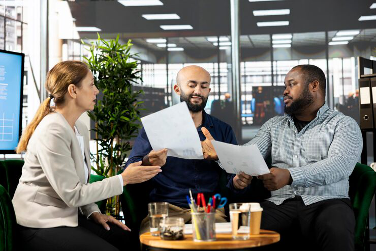 Business owners reviewing company documents and discussing strategy during a meeting.