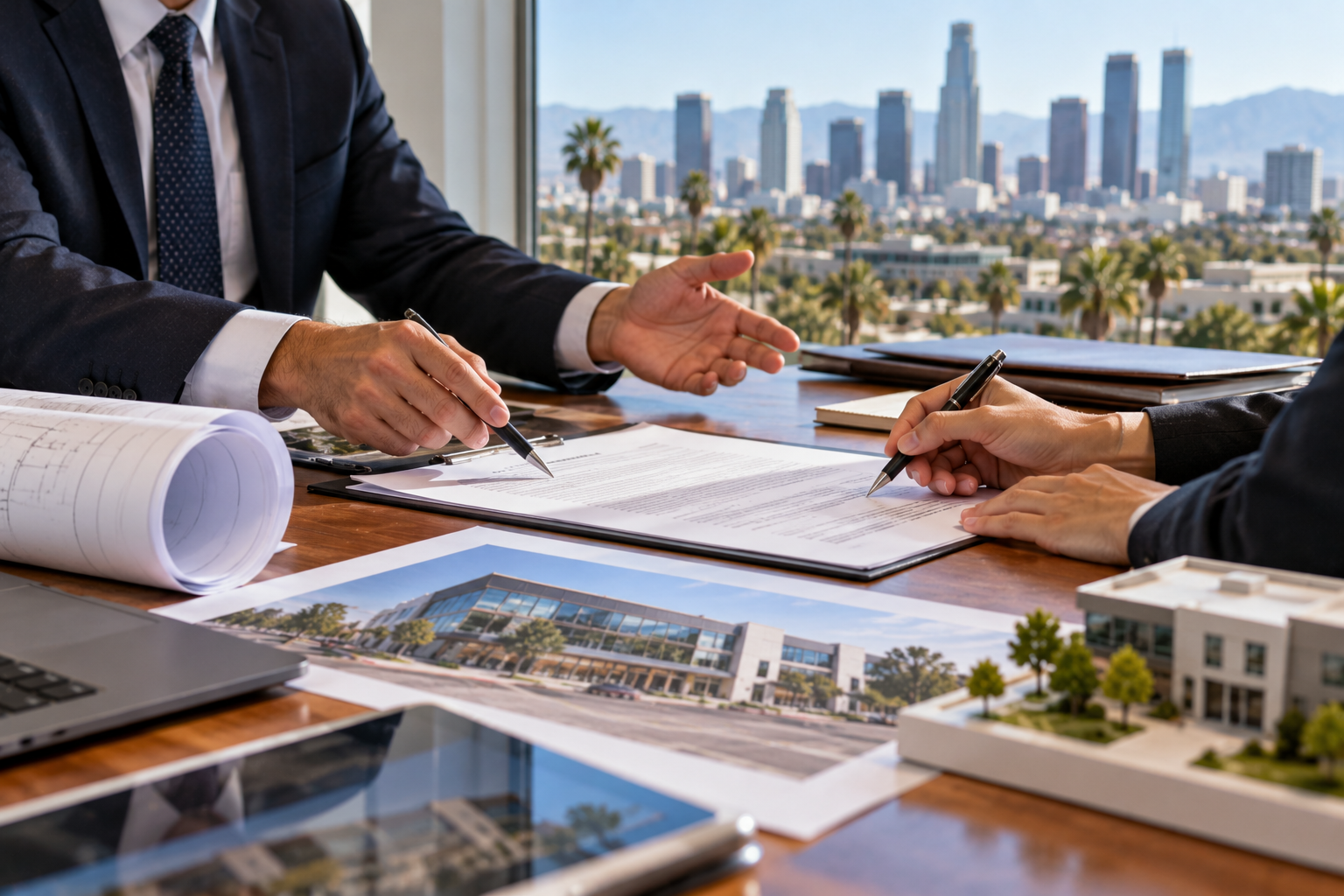 Investors and legal advisers discussing a commercial real estate transaction.
