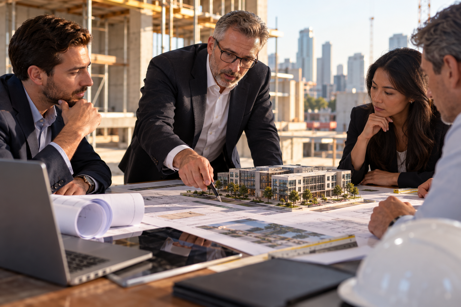 Business partners discussing a commercial real estate joint venture.
