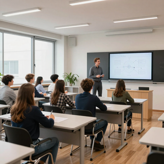 Un'insegnante tiene una presentazione agli studenti in un'aula luminosa con un grande schermo e banchi.