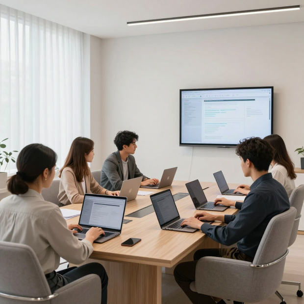 Sala riunioni con cinque persone che utilizzano computer portatili attorno a un tavolo, presentando su uno schermo montato a parete.