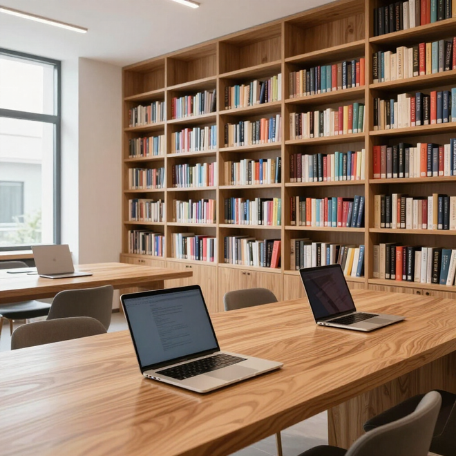 Studio moderno con tavoli in legno, postazioni per laptop a vista e librerie a tutta altezza.