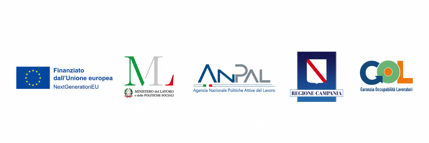 Una fila di cinque loghi istituzionali su sfondo bianco, tra cui i marchi dell'UE e del Ministero del Lavoro italiano.