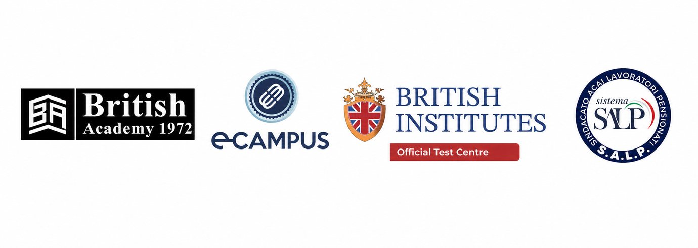 Loghi di British Academy, eCampus, British Institutes e SNP su sfondo bianco