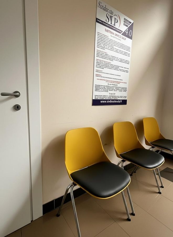 In un corridoio, tre sedie d'attesa gialle e nere sono posizionate accanto a una porta bianca e a un poster appeso al muro.