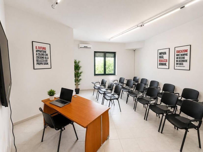 Aula vuota con file di sedie nere, una scrivania di legno con un computer portatile e poster motivazionali alle pareti.