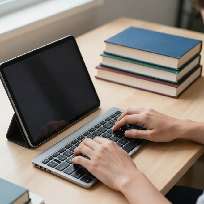 Mani che digitano su un computer portatile accanto a una pila di libri su una scrivania