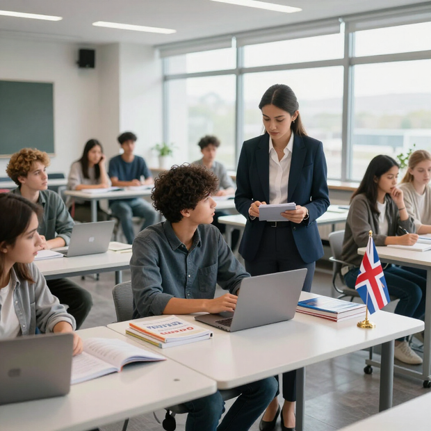 Aula scolastica con studenti seduti ai banchi, mentre un insegnante è in piedi accanto a uno studente seduto che tiene in mano dei fogli.