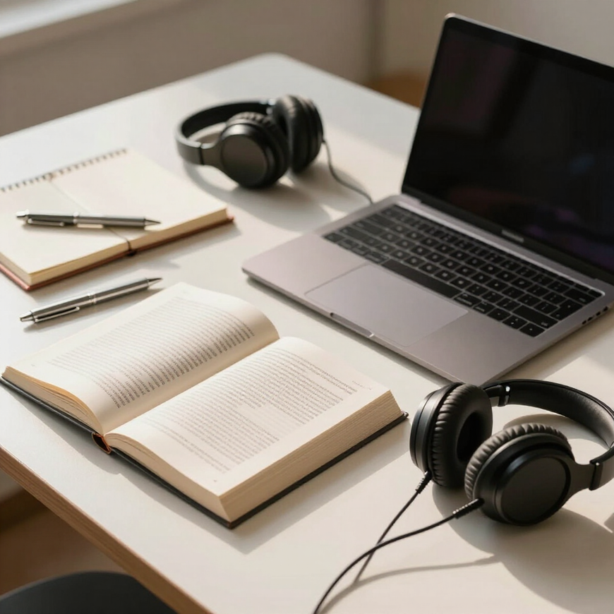 Scrivania con laptop aperto, quaderno, cuffie e penna in uno spazio di lavoro ordinato.