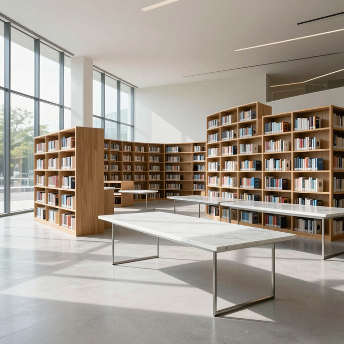Interno di una biblioteca moderna con alte librerie in legno, grandi finestre e tavoli bianchi in uno spazio aperto e luminoso.