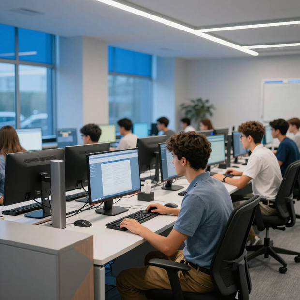 Impiegati seduti davanti a un computer fisso in un moderno spazio di lavoro open space con ampie finestre.